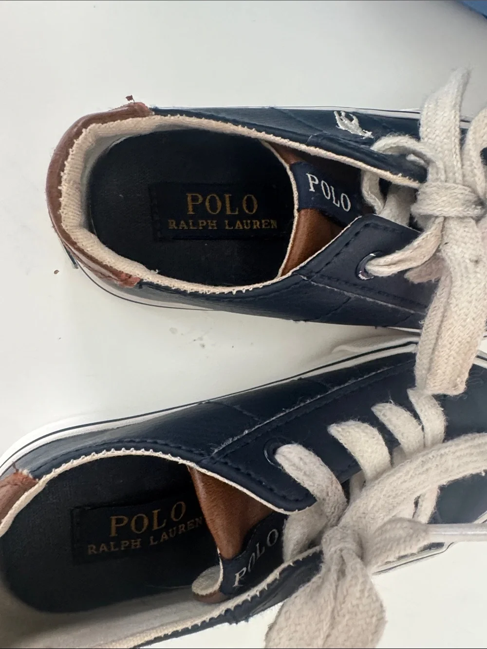 Polo by Ralph Lauren Navy Leather Kids Sneakers with Cream Laces